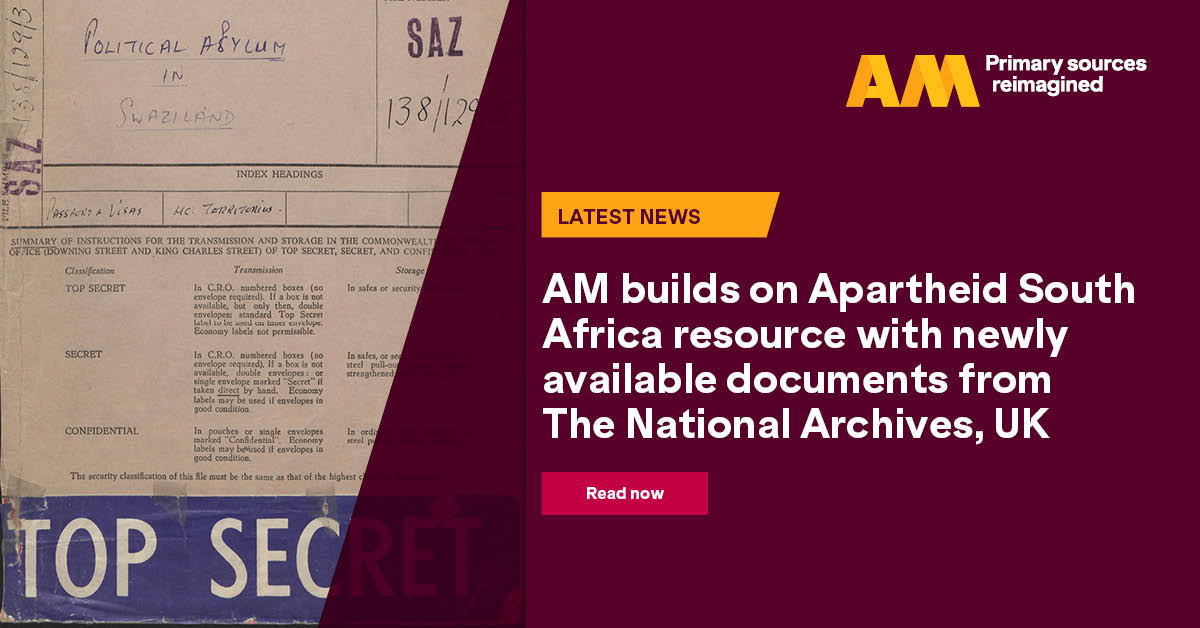 The latest AM Archives Direct release, Apartheid South Africa, module IV: Resistance, Sanctions and Reform, 1981-1988, contains newly available government documents from @UkNatArchives exploring UK relations with South Africa during the apartheid regime. okt.to/u8ldC9