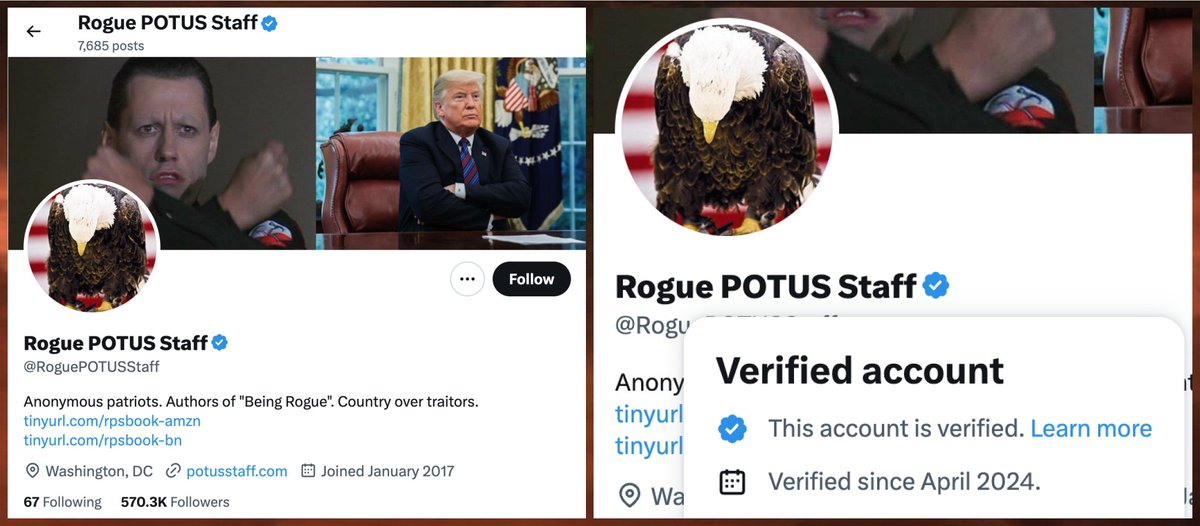 It's a Monday in April 2024, and a hoax account that hasn't posted in over three years (@RoguePOTUSStaff) has been granted a blue 'verification' checkmark.