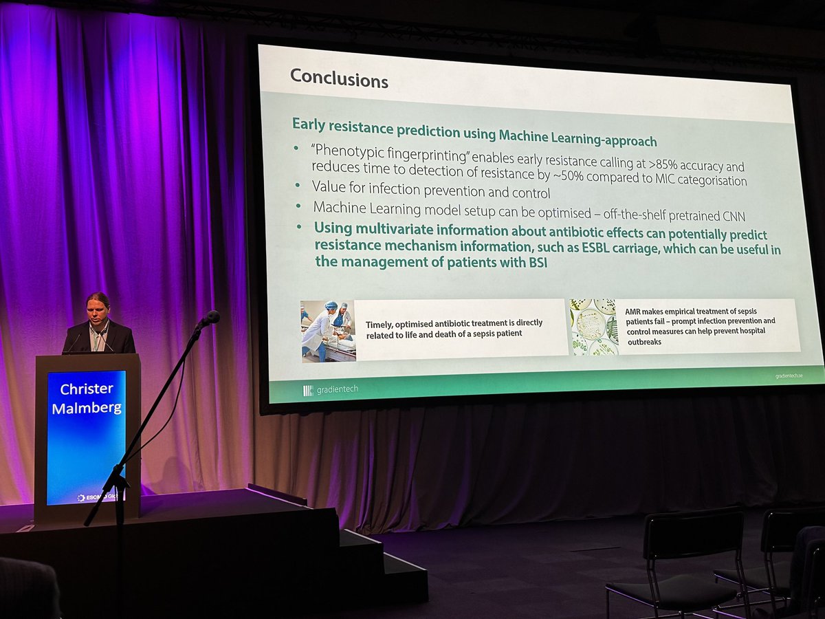 Christer Malmberg from @Gradientech closes the session with their new phenotypic fingerprinting based on #MachineLearning This allows resistance categorization at even earlier time points & additional information about resistance mechanisms (eg. ESBL carriage) #ESCMIDGlobal2024