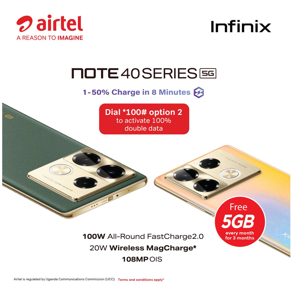 The #InfinixNote40Series comes loaded with 5GB of Airtel Data every month for 3 months Dial *100# option 2 to enjoy 100% double data on your weekly and monthly bundle purchases. #AirtelXInfinix #DoubleData T&Cs Apply.