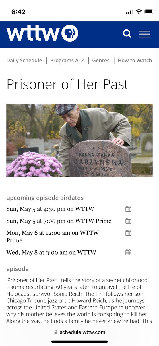 Howard Reich (@howardreich) on Twitter photo “Prisoner of Her Past,” the film about my mother’s secret Holocaust childhood,” has its 14th annual broadcast 4:30 pm May 5 on <a href="/wttw/">WTTW - Chicago PBS</a> <a href="/Kartemquin/">Kartemquin Films</a> <a href="/prisonerofpast/">Prisoner of Her Past</a> <a href="/AMLwhere/">Ann Marie Lipinski</a> “Prisoner of Her Past,” the film about my mother’s secret Holocaust childhood,” has its 14th annual broadcast 4:30 pm May 5 on <a href="/wttw/">WTTW - Chicago PBS</a> <a href="/Kartemquin/">Kartemquin Films</a> <a href="/prisonerofpast/">Prisoner of Her Past</a> <a href="/AMLwhere/">Ann Marie Lipinski</a>
