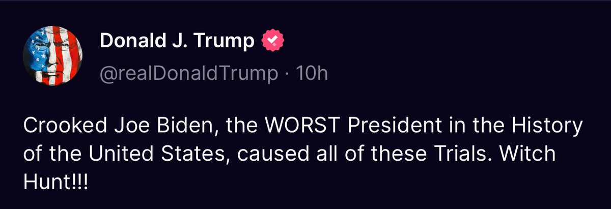 dumpy blames Pres Biden for everything bad in his life. No, you lying sack of sh*t. Biden didn’t make you sleep with a porn star & pay her off, didn’t make you steal classified docs, didn’t make you ask for fake votes & didn’t make you instigate an insurrection. That was all you.