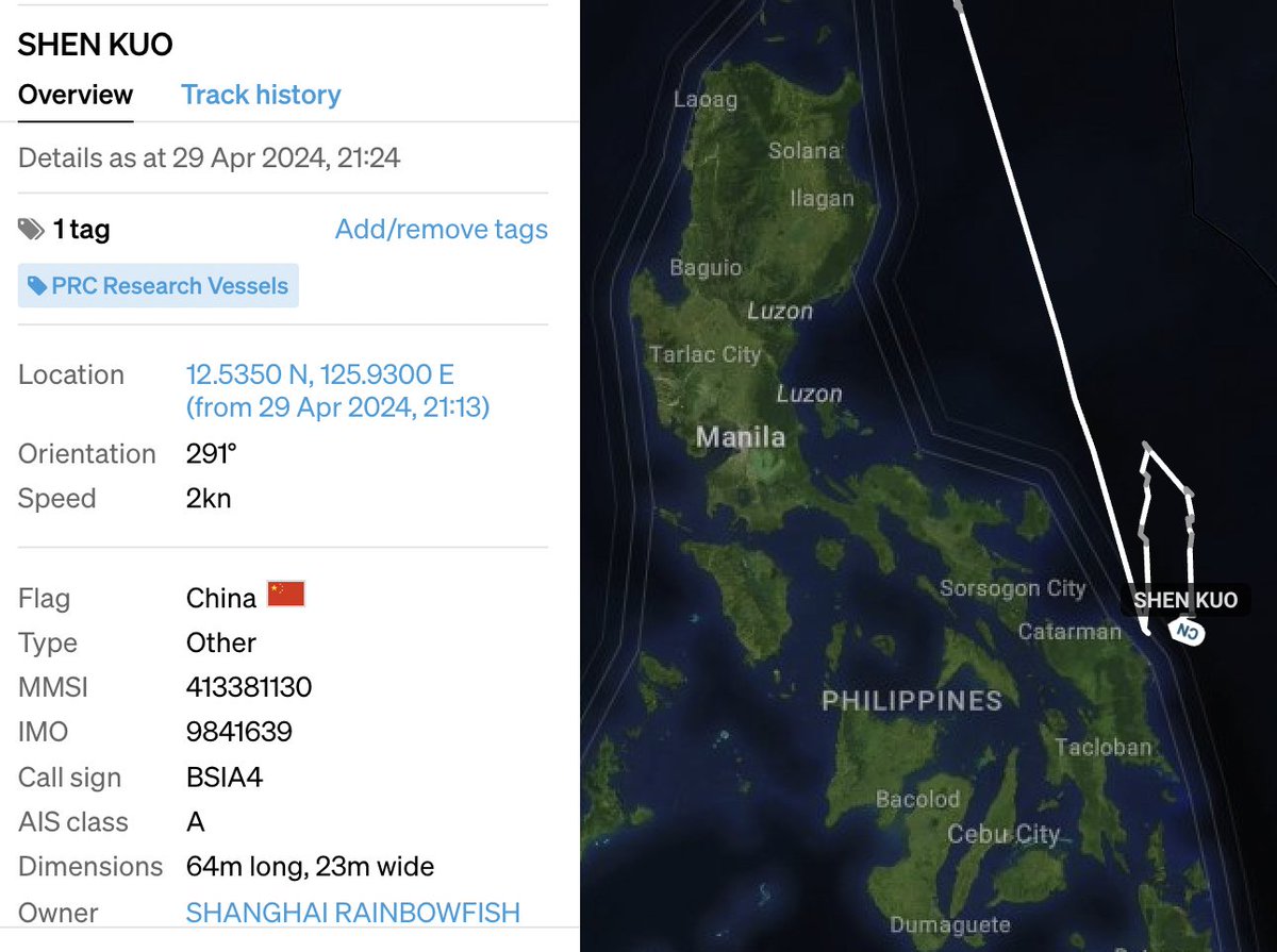 🇨🇳#China's deep-sea research ship Shen Kuo continues to loiter 30nm east of the 🇵🇭#Philippines' Samar Island & appears to be exploring the Philippine Trench. [🧵1/2]