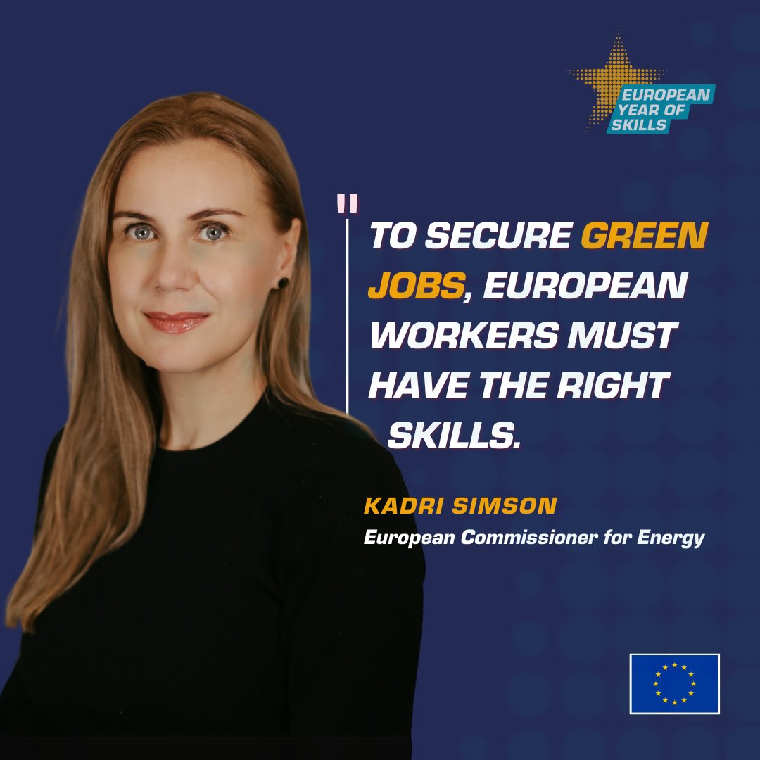 🌱💪The future is green! @KadriSimson highlights the shift to renewables, projecting 3 million new jobs in the sector by 2030 to meet our #RePowerEU goals. Ensuring our workforce is ready is crucial. It’s time to skill up Europe! #EuropeanYearOfSkills