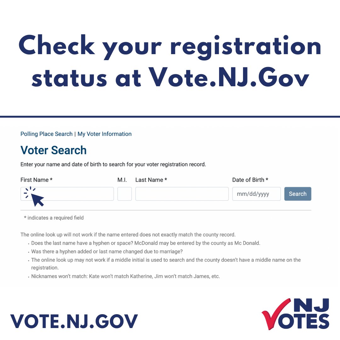 Are you registered to vote? If you are unsure of your voter registration status and want to check, Vote.NJ.Gov makes it easy. Visit voter.svrs.nj.gov/registration-c… to make sure you are registered to vote in the next election! #NJVotes #VoterRegistration