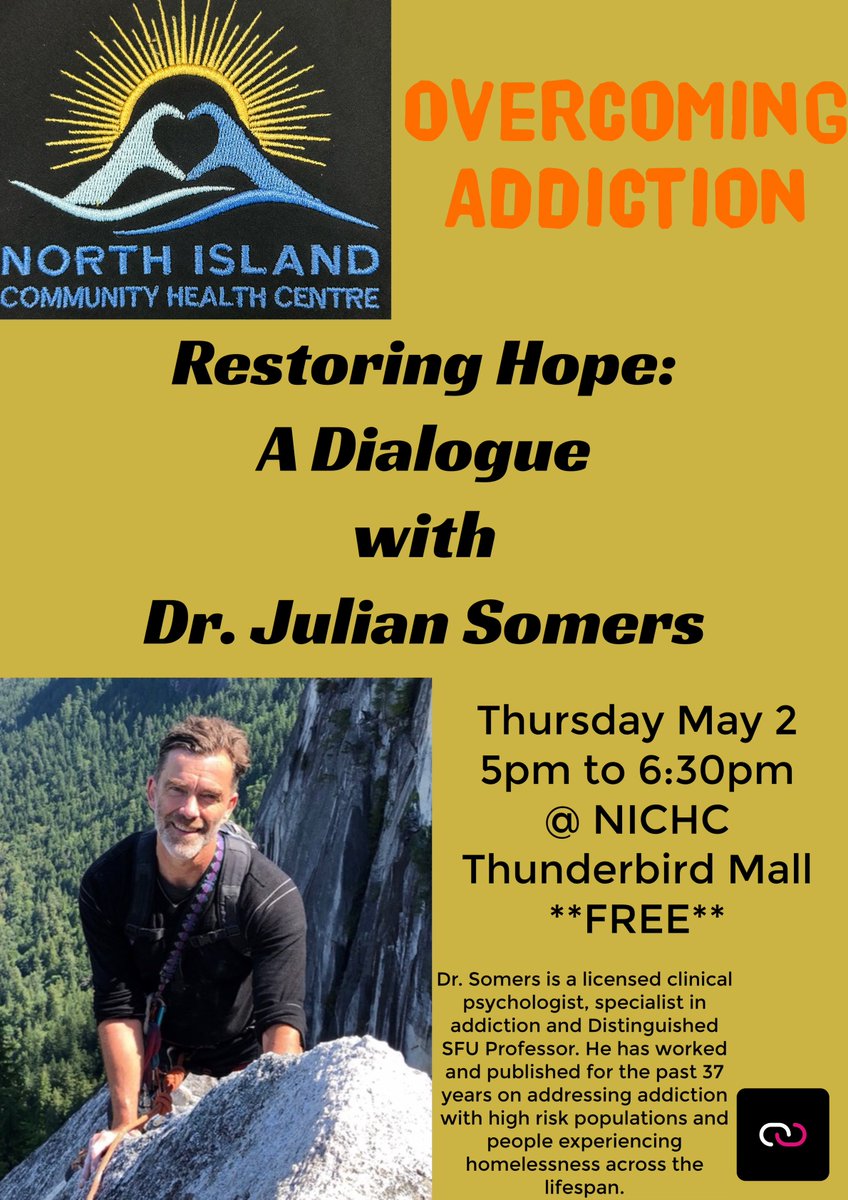 Thrilled to welcome Dr. Julian Somers @somerspsych a world expert in addiction and recovery, at @NorthIslandCHC this coming Thursday at 5pm in dialogue - will be a very special event, please RSVP so we know numbers: facebook.com/events/1595521…