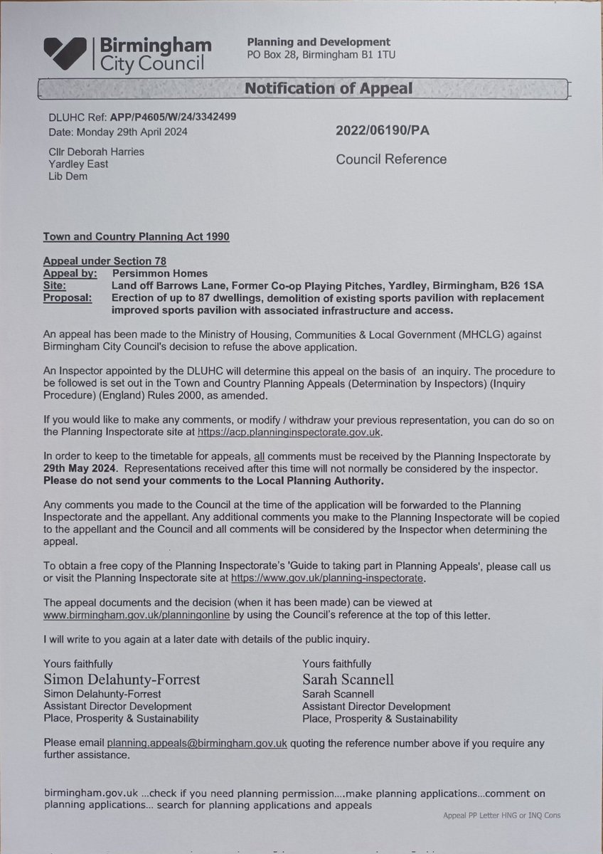 UPDATE - BARROWS LANE/CO-OP PLAYING PITCHES - Persimmon Homes is appealing to the Government against the Council's decision to refuse the application to build 87 homes. Please see letter and links to make representations. Deadline for comments 29 May 2024