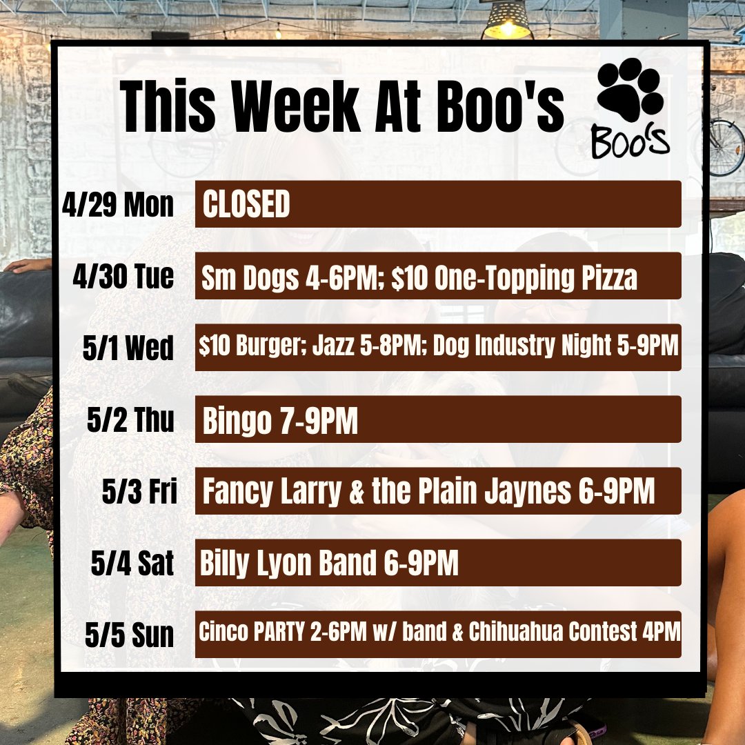 🤎 SWIPE for Boo's calendar for the week of April 29th:

boosdogbar.com

#boosdogbar
#sarasota #dogpark #thingstodosrq #dogbar #sarasotaeats #floridadogs #supportlivemusic #funinthe941  #cincodemayo #chihuahuameetup