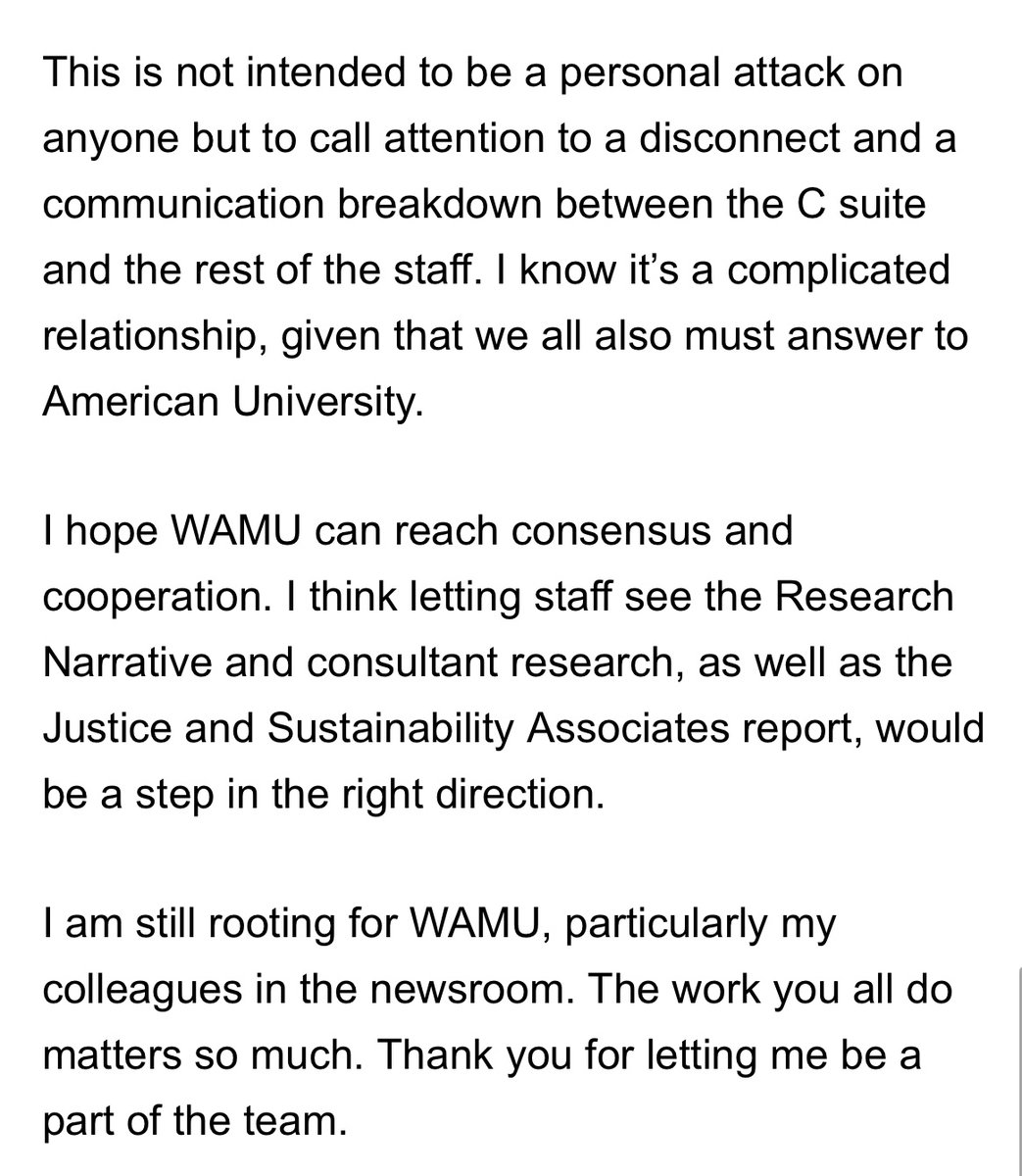 I was honest with WAMU leadership about my reason for leaving in exit interviews and in my goodbye email (see screenshots). But the c suit has been silent and appears to be unmoved, as they have been with all the departures under their watch.