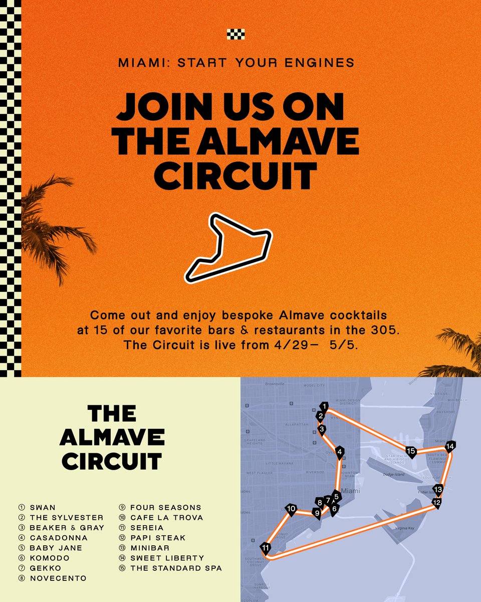 Welcome to…🌴🌴🌴 Join us on the Almave Circuit: enjoy cocktails at our local favorites all week long and keep an eye out for some surprises along the way.