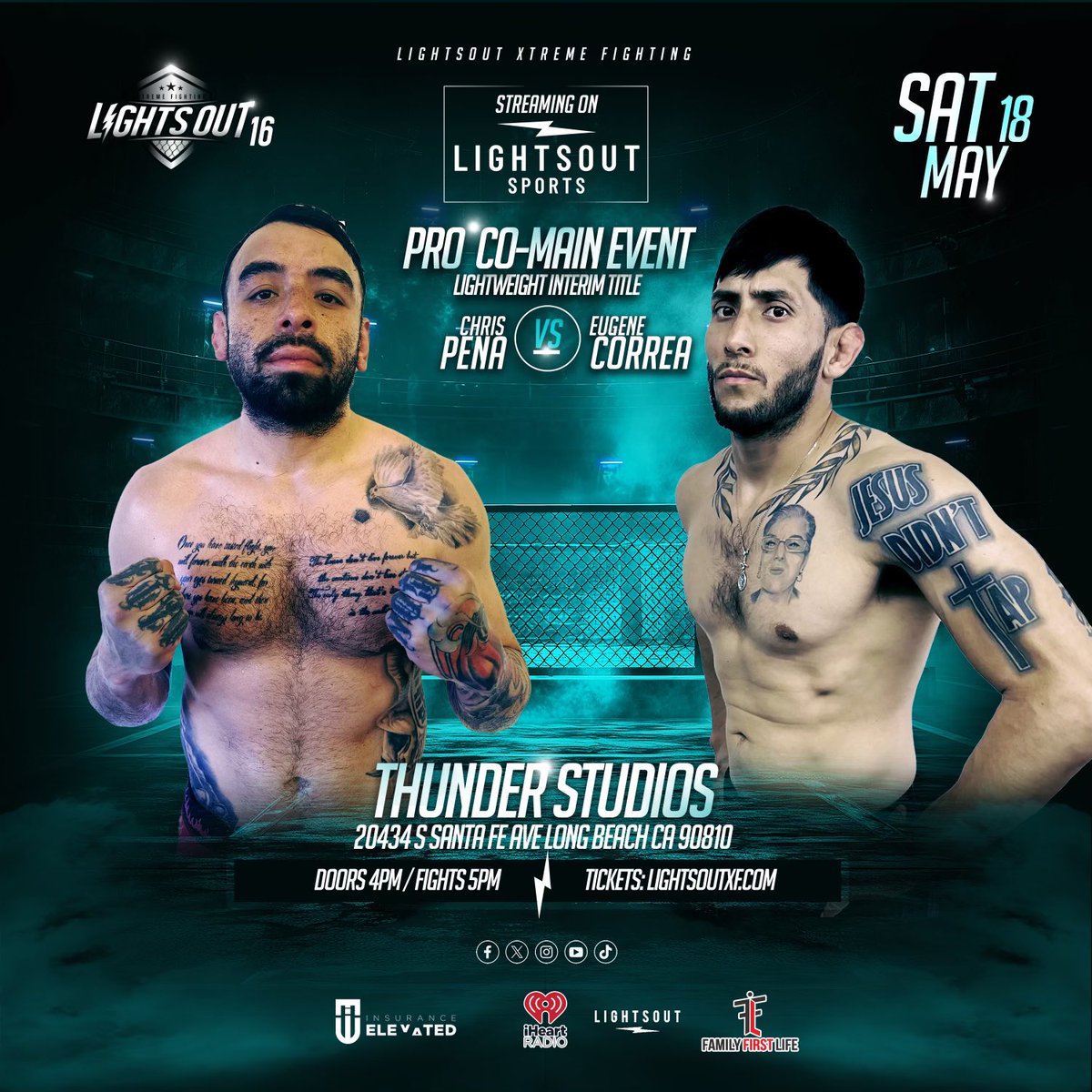 Bringing in Monday hot!!!! Our co main event features 2 local fighters as Cris Pena coming off a dominating performance on @LightsOutXF Vs Eugene Correa in a lightweight bout to unify the LXF interim lightweight title. May 18th in Long Beach, California streaming on