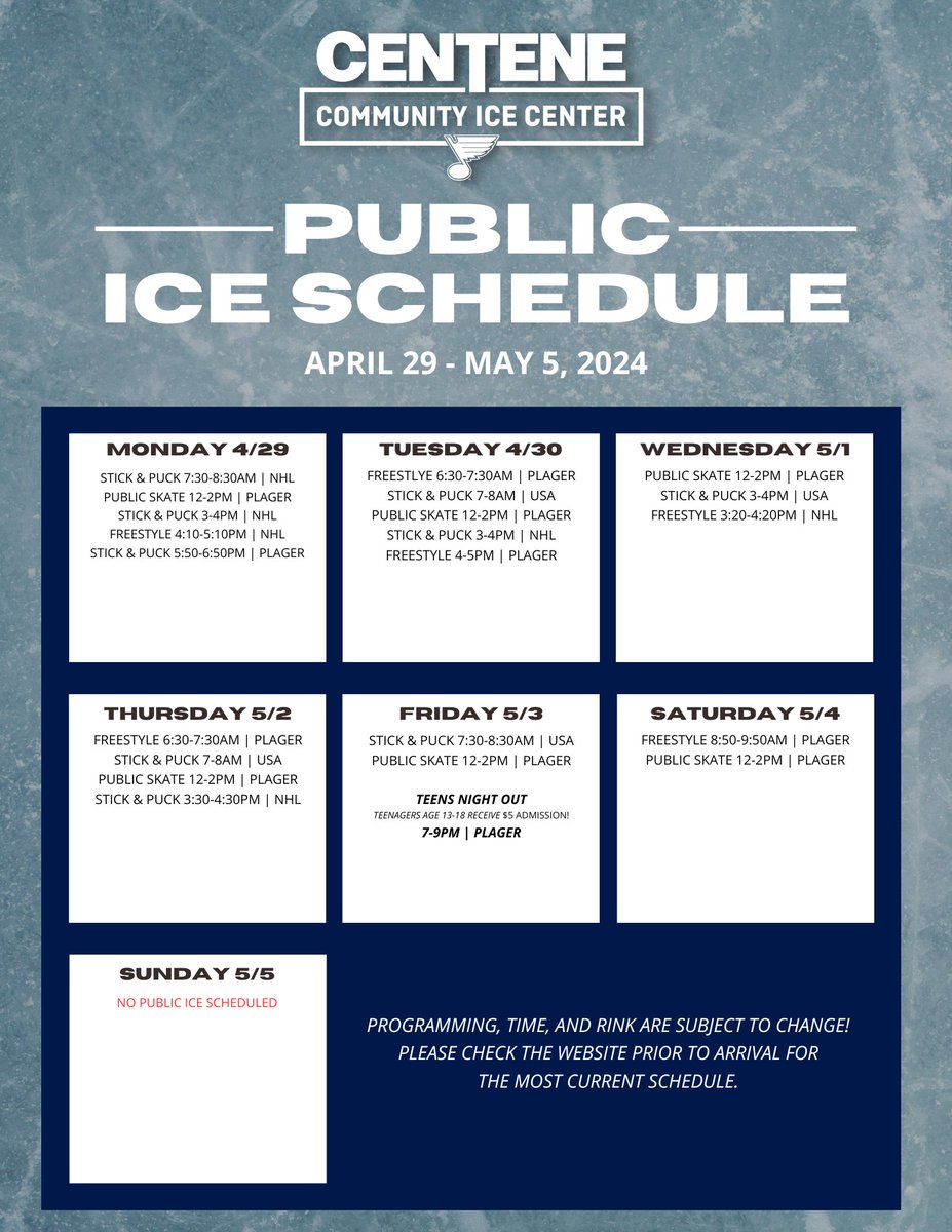 Public Ice Schedule April 29 - May 5, 2024