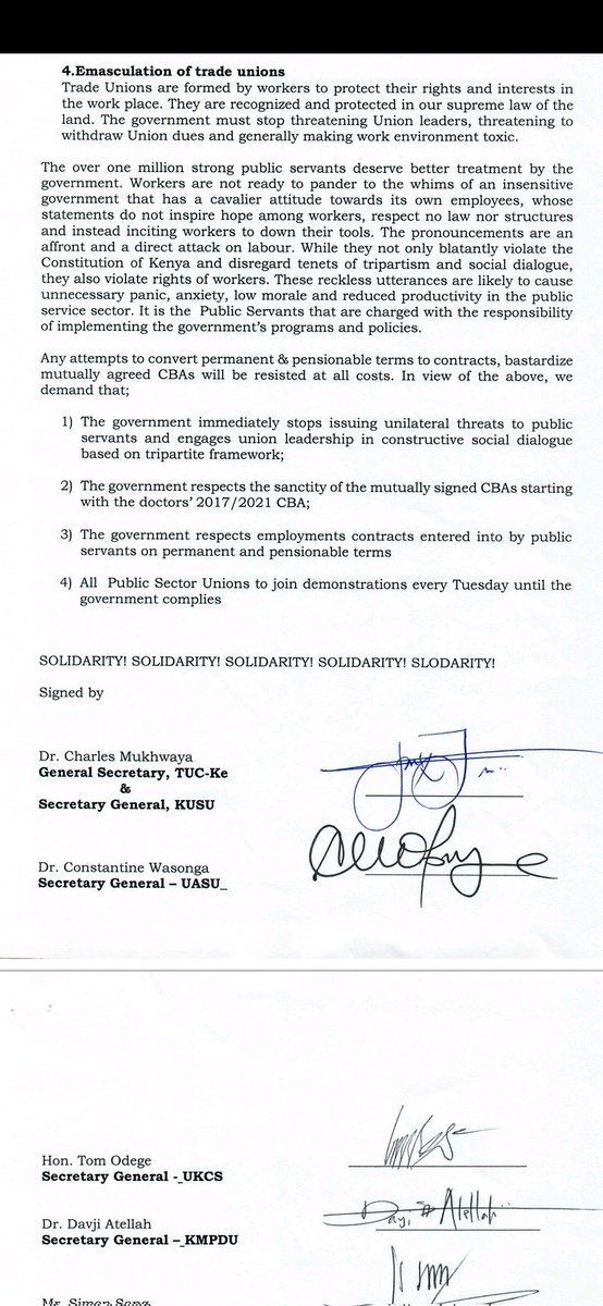 United Against Wage Slavery, Labour Abuse & Exploitation : Public Sector Unions Solidarity Statement.
#DoctorsStrikeKE
Safeguard Kenyans
#SafeguardPublicHealthcare
Patients before Politics
#DecentDignifiedWork
 @kmpdu