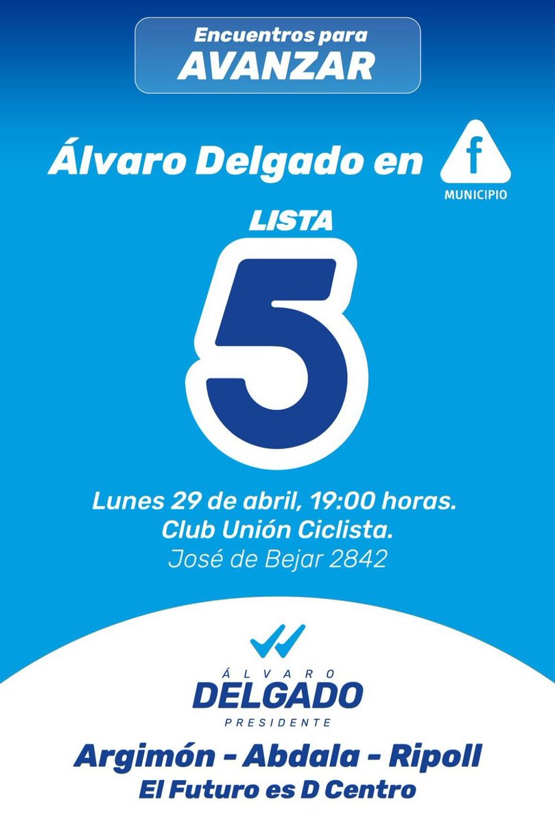 ES HOY! Junto a @AlvaroDelgadoUy y los vecinos, nos encontramos en el Municipio F. 📅Lunes 29 de abril 📍Club Unión Ciclista (José de Bejar 2842) 🕡19 horas