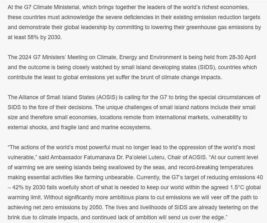 #G7Italy Ministerial must be a gamechanger for climate ambition! 'The actions of the world’s most powerful must no longer lead to the oppression of the world’s most vulnerable'. We need bold emissions cuts to avoid climate catastrophe. PRESS RELEASE: aosis.org/g7-ministerial…