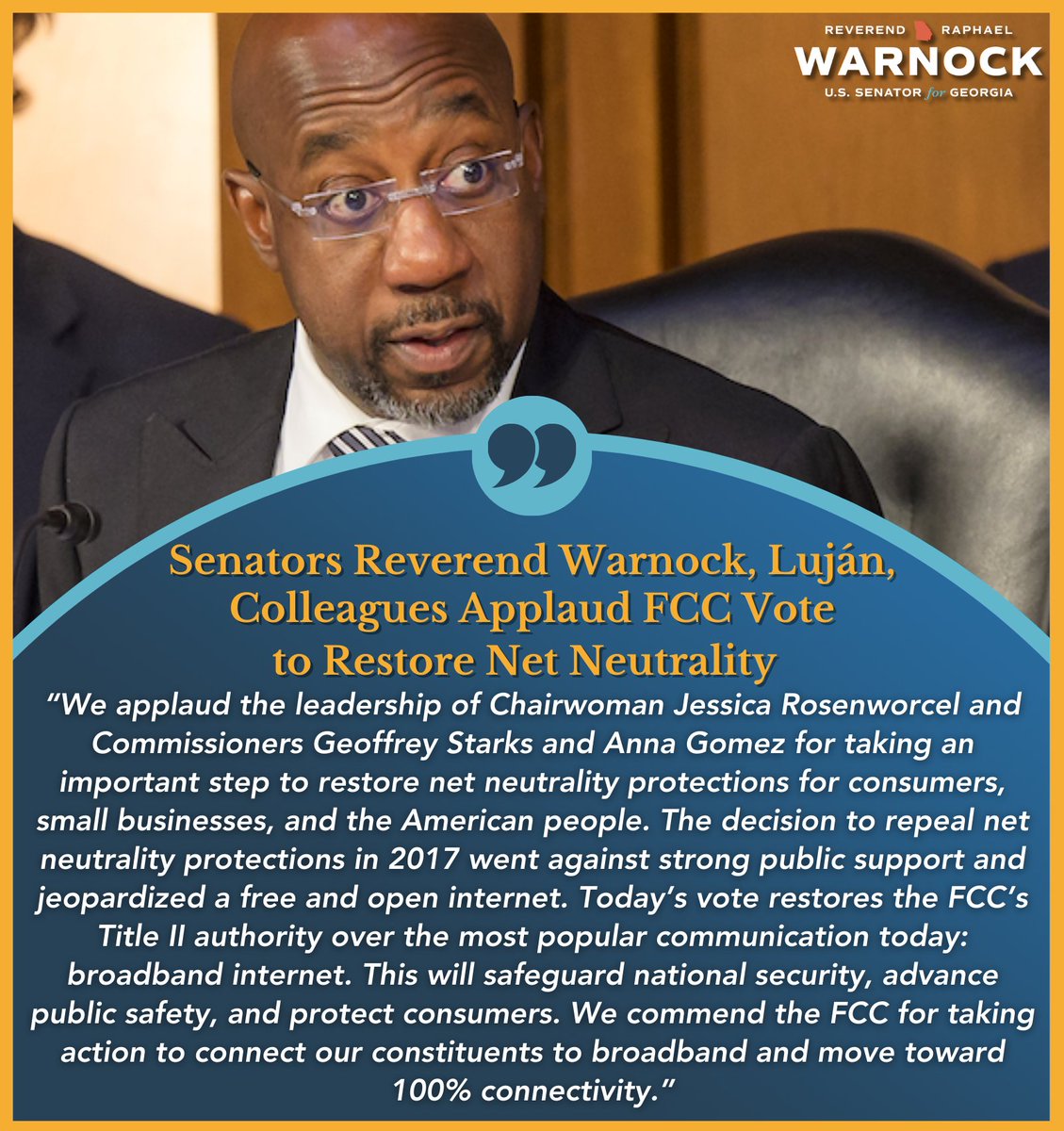 Net neutrality protections are important for consumers, small businesses, and millions of people across the country. Americans should control how they use the internet—not corporations. Thankful to the @FCC for listening to Georgians & voting to restore net neutrality.