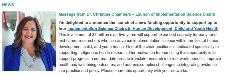 ICYMI ➡️ The April #IHDCYH eBulletin is live! Read Scientific Director @DrCChambers' message announcing the launch of our #ImplementationScience Chairs funding opportunity, exciting pre-announcements for upcoming funding competitions, and lots more news! 
buff.ly/3UckVkr