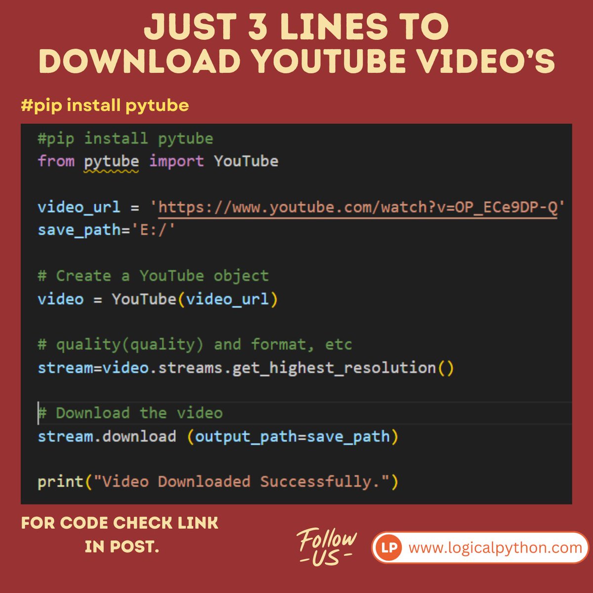 Youtube Video Downloader in Python.

Source Code: t.me/logicalpython

#Python #Programming #Coding #pythonprogramming #100DaysofCode
