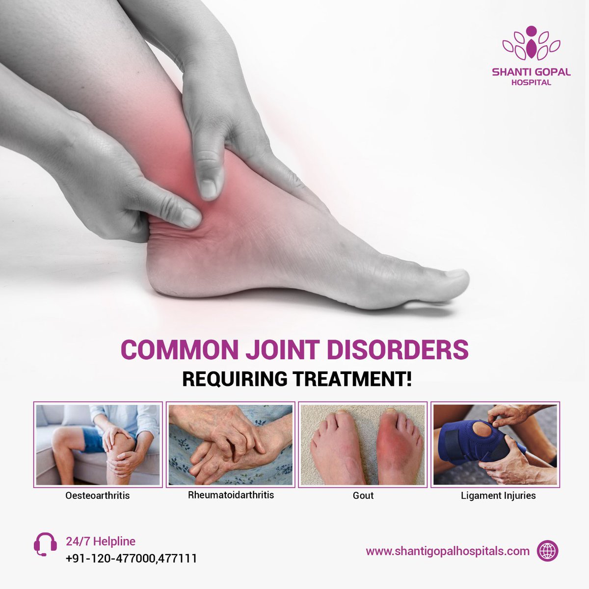 Joint disorders are diseases or injuries that affect your joints. They often cause joint pain and make your joints stiff, red, or swollen. Most of them are chronic.

 #shantigopalhospital  #hospitals #hospital #hospitalservices #hospitalsncr #servicehospital #healthcare