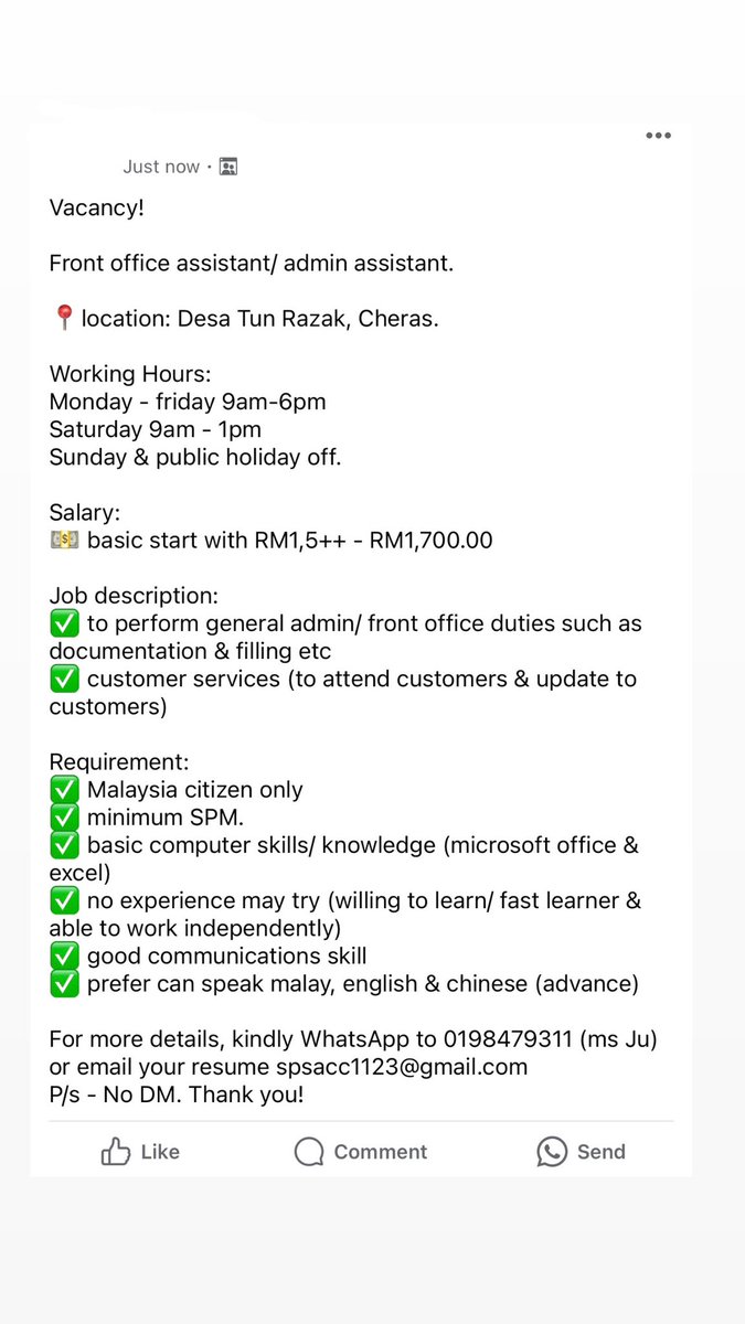 Ju (@madamesyaf) on Twitter photo <a href="/kerjakosong123/">Kerja Kosong</a>
Vacancy!
Front office assistant/ admin assistant.
📍 Desa Tun Razak, Cheras.
Basic start from RM1,500 - RM1,700
Kindly contact 0198479311 - Ms Ju <a href="/kerjakosong123/">Kerja Kosong</a>
Vacancy!
Front office assistant/ admin assistant.
📍 Desa Tun Razak, Cheras.
Basic start from RM1,500 - RM1,700
Kindly contact 0198479311 - Ms Ju