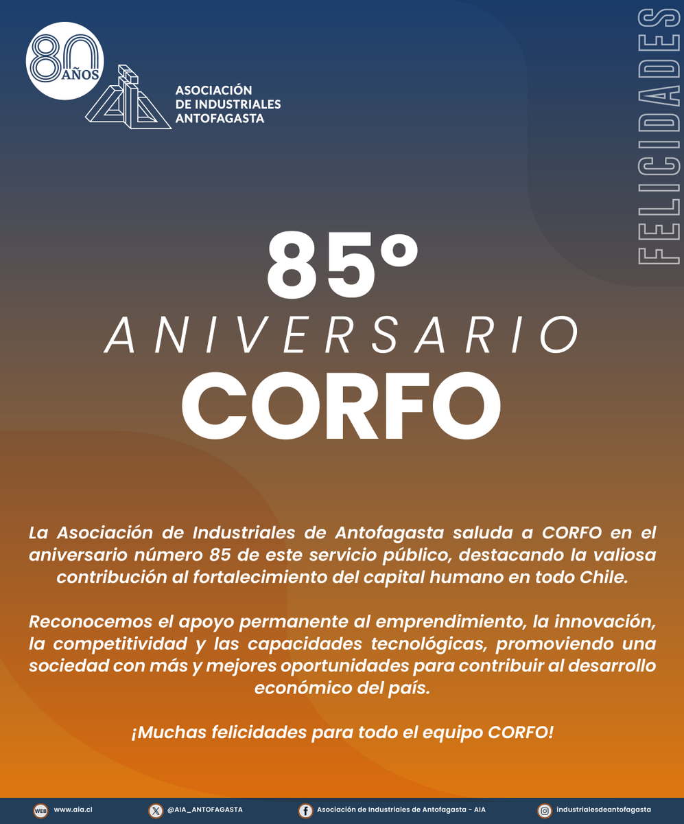 Saludamos a CORFO por su 85° aniversario. 👏🏼 Desde la AIA extendemos nuestras felicitaciones a esta connotada institución, por su aporte a la región y al país, ¡felicidades! #AIA #Antofagasta #CORFO