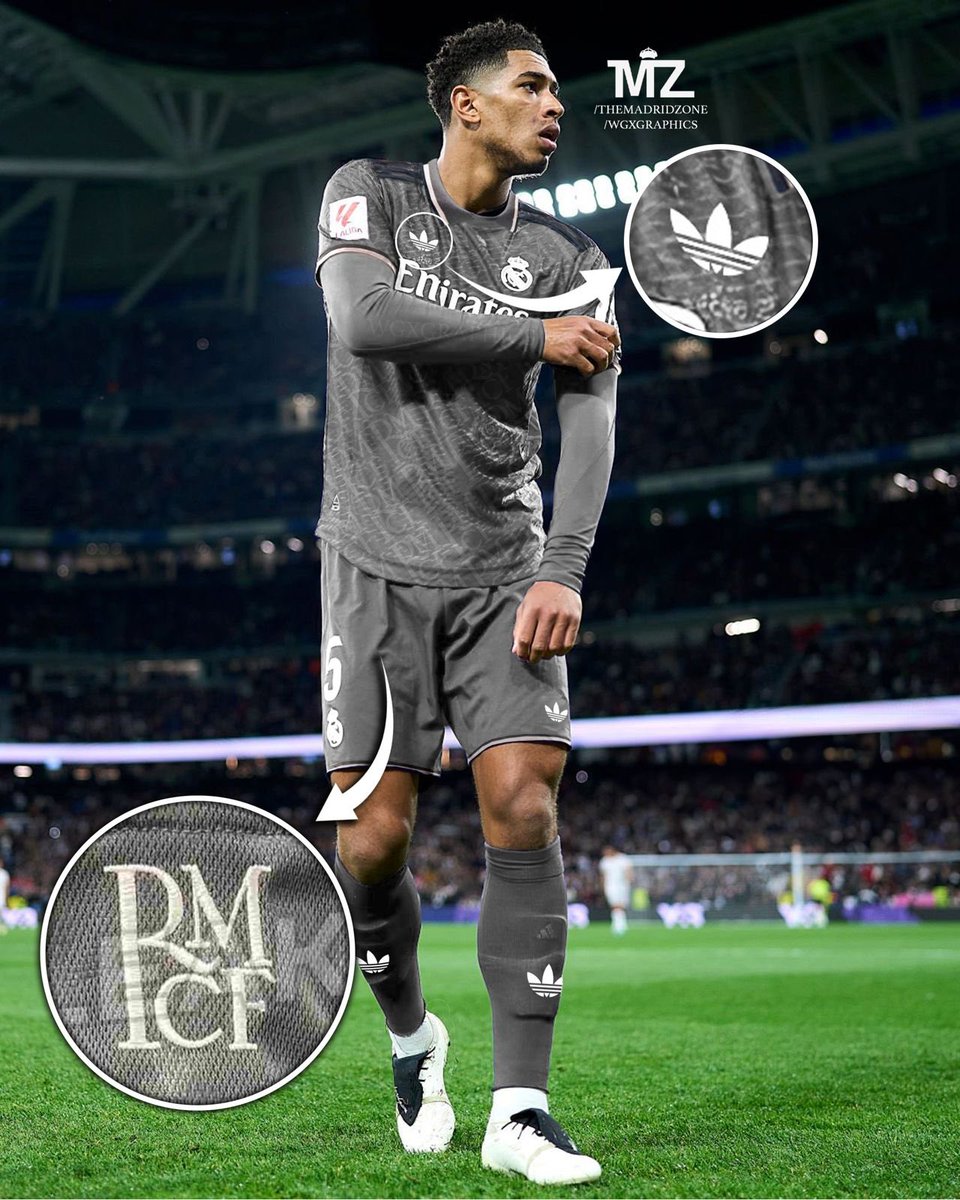 👀 The detailing on this kit: 

▫️Adidas Originals logo instead of usual.
▫️‘RMCF’ prints all over.

🩶 Real Madrid’s 2024-25 third kit.