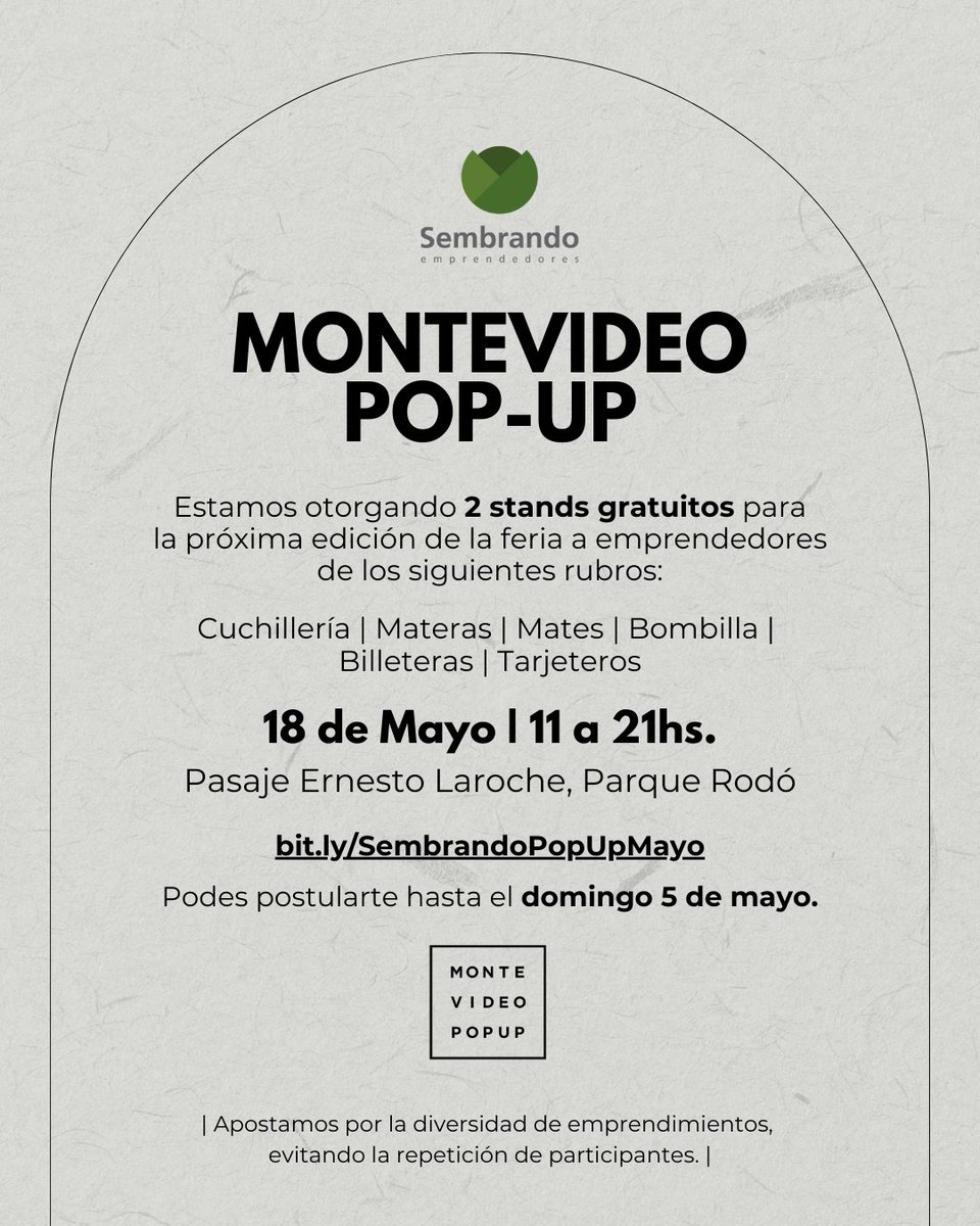 ¡Participa de Montevideo Pop-Up! 🌟 Estamos otorgando 2 stands gratuitos. Si eres un emprendedor en cuchillería, materas, mates, bombillas, billeteras o tarjeteros, ¡esta es tu oportunidad! 🗓️ 18/05 de 11hs. - 21hs. 📍 Lugar: Parque Villa Biarritz 📲: bit.ly/SembrandoPopUp…