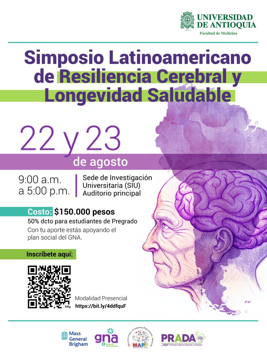 No te pierdas el Simposio Latinoamericano de Resiliencia Cerebral y Longevidad Saludable organizado por nuestros colegas de @neuroudea en Medellín, Colombia. Un evento imperdible para profesionales de la salud y la investigación. 🧠🌿 #Resiliencia #Longevidad #GNA