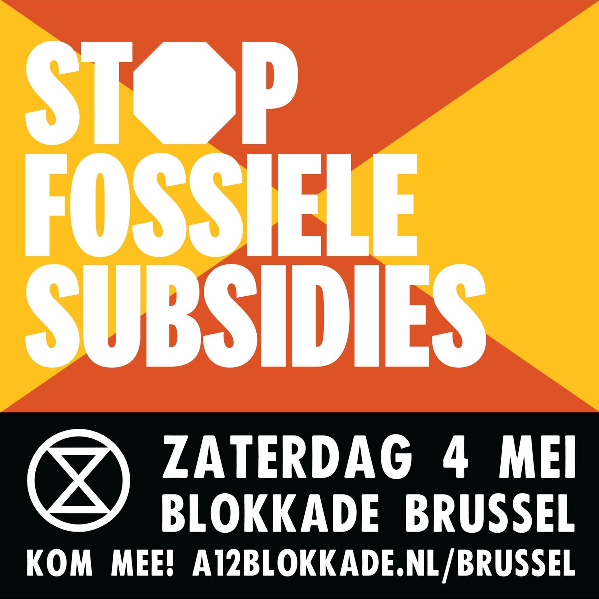 Over 5 dagen, op 4 mei, blokkeren we samen met @XR_Belgium een grote verkeersader in Brussel. De NL overheid blijft zich in de afbouwplannen voor de fossiele subsidies verschuilen achter niet bestaande Europese afspraken om deze af te schaffen. Aanmelding: a12blokkade.nl/brussel