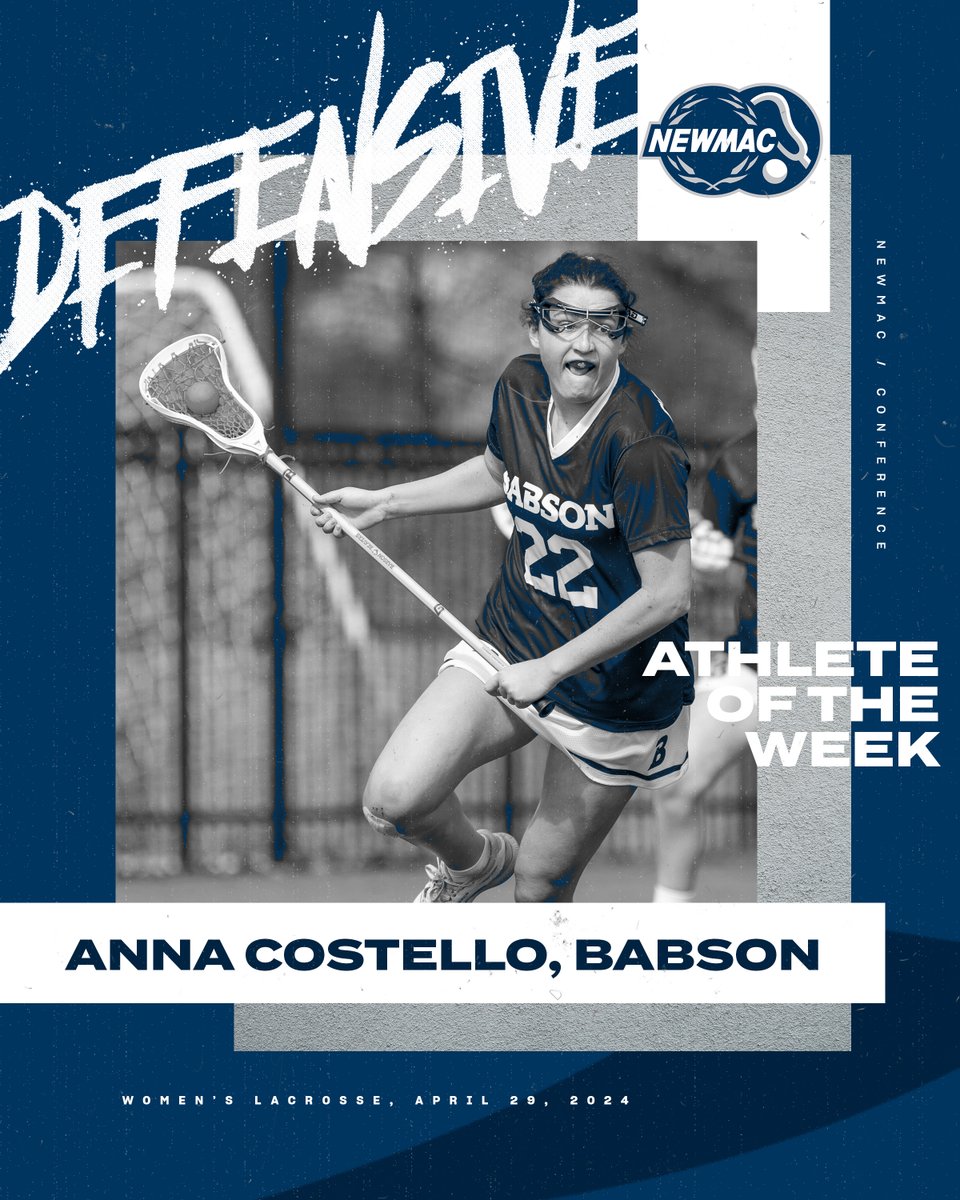 WOMEN'S LACROSSE 🥍
DEFENSIVE ATHLETE OF THE WEEK 

@BabsonAthletics Anna Costello scooped up 4 ground balls and tied for team-high honors with 2 caused turnovers as No. 17 Babson finished league play with an undefeated record. 

🔗 ow.ly/bfQv50RqNBB

#GoNEWMAC // #WhyD3