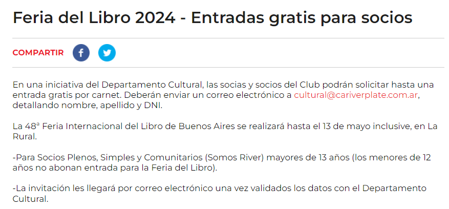 nd_riverplate's tweet photo. Por iniciativa del Depto Cultural, los socios y socias de y miembros de Somos RIVER podrán obtener una entrada para ingresar sin costo a la Feria del Libro que se lleva adelante en Bs. As 

Debe enviarse un mail a cultural@cariverplate.com.ar  con Apellido, nombre y DNI 
⚪️🔴⚪️ https://t.co/MhzCzPwJnZ