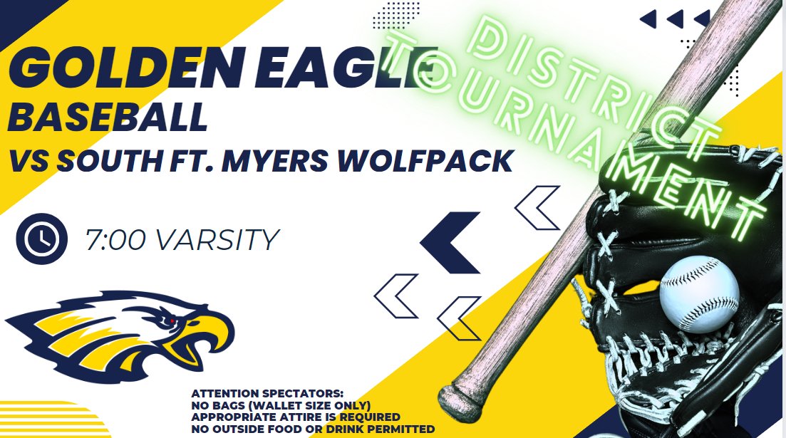 #GoldenEagle Baseball take on South Fort Myers tonight in the District tournament at NHS! Admission is $8...only State Series Passes accepted. #GoEagles tix: gofan.co/event/1487264?…