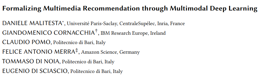 Our paper 'Formalizing Multimedia Recommendation through Multimodal Deep Learning' is now accepted in @ACM_TORS 😍🚀
We survey, formalize, benchmark, and outline open questions in #multimodal #recsys! A work w/ @scne @GiandomenicoC17 @merrafelice @TommasoDiNoia @DiSciascioEugen