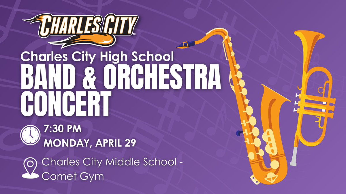 TONIGHT: Don't miss our High School Band & Orchestra Spring Concert at 7:30pm in the Charles City Middle School Comet Gym! 🎺🎶