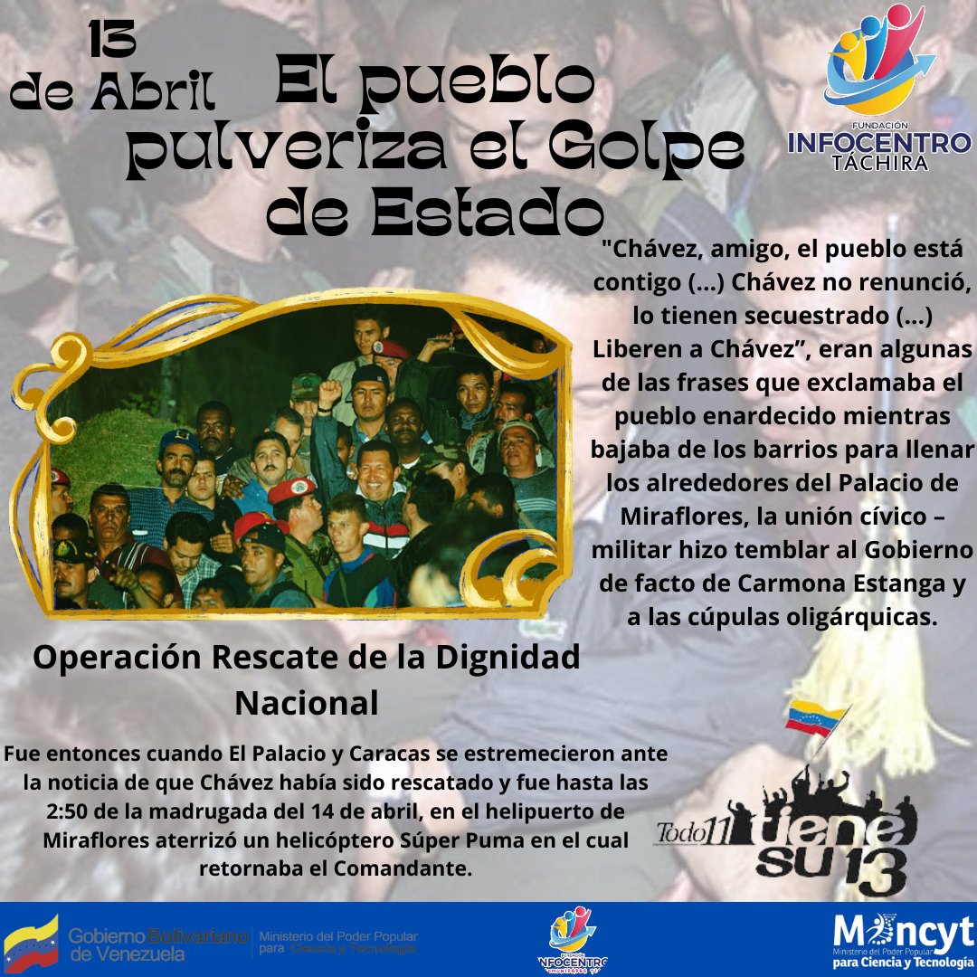 #11A: ¡No olvidemos! ¡Luchemos! por nuestra amada Venezuela #PuebloComunicador 📢📢#Infocentro #resistenciapopular Chávez vive en el corazón de cada uno que quiere esta Tierra y la defiende.