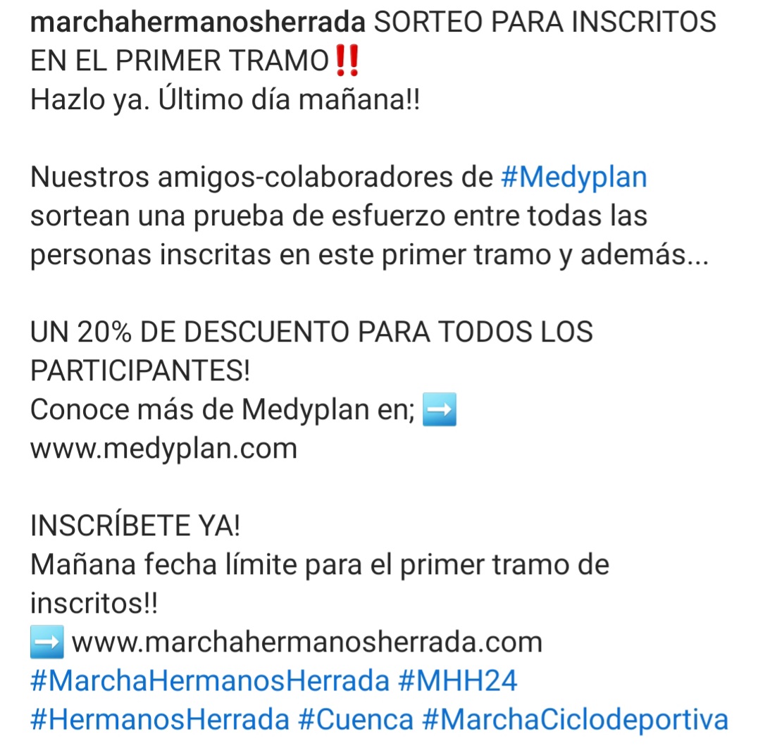 Mañana ÚLTIMO DÍA del primer tramo de inscripciones
🚴‍♂️🚵‍♂️🏔👨‍⚕️👩‍⚕️🚵‍♀️🚴‍♀️
inscripciones.cronomancha.com/es/evento/ii-m…

#ciclismo #cicloturismo #marchacicloturista #Cuenca #MHH24 #marchahermanosherrada #medyplan #reconocimientomedico #reconocimientodeportivo #pruebaesfuerzo #lactato #umbrales #rendimiento