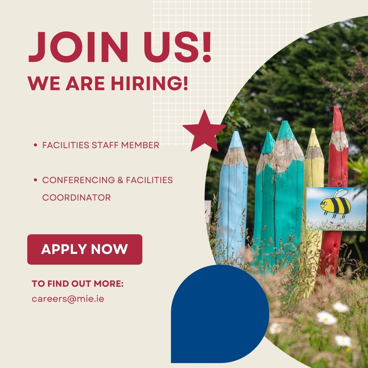 Táimid ag fostú! Bígí lenár bhfoireann. Two opportunities to join a fantastic Facilities and Conferencing Team!💬 Applications close 5pm Friday, 3rd May April 2024. Contact careers@mie.ie for more information. mie.ie/en/about_us/ca…