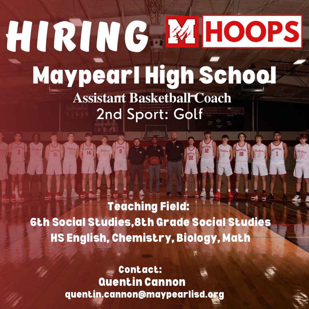Maypearl High School is looking for a high energy, kid magnet to serve our Maypearl student-athletes and community for the 24-25 school year. If interested please send resume to Coach Cannon quentin.cannon@maypearlisd.org