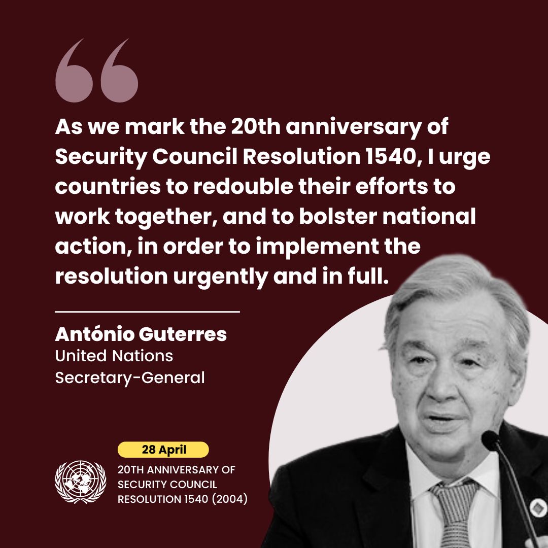 In his message on the 20th anniversary of the adoption of UN Security Council resolution 1540 (2004), @UN Secretary-General @antonioguterres called on the 🌍 community 'to redouble their efforts,' and implement the resolution urgently and in full. 🔗 un.org/sg/en/content/…