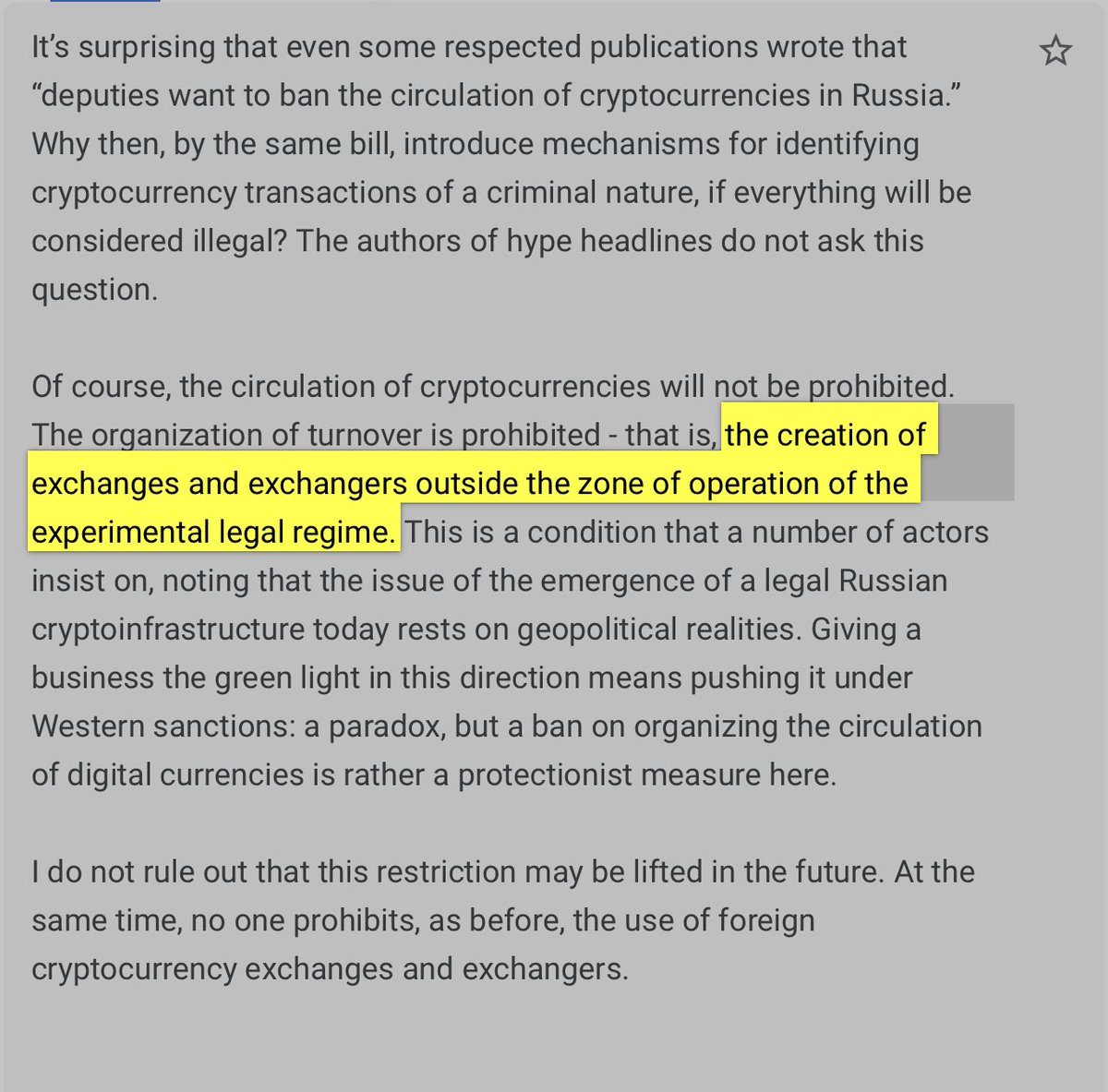 NEW: 🇷🇺 Russia is NOT banning #Bitcoin or crypto, says the lawmaker who actually drafted the new legislation. Russia is banning the creation of domestic crypto exchanges and payment services.