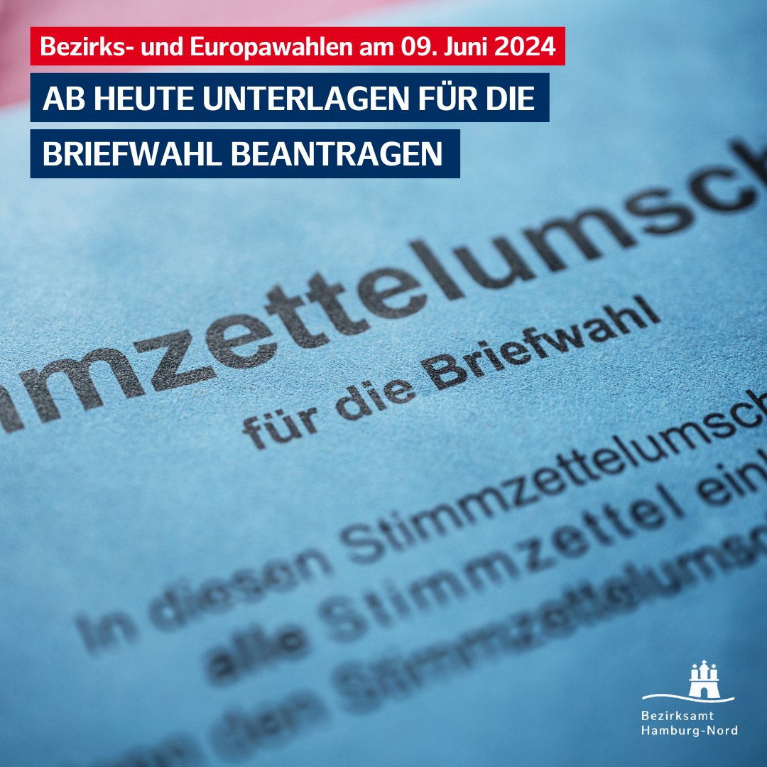 Ab heute können Briefwahlunterlagen für die Bezirks- und Europawahlen am 9. Juni 2024 mittels Online-Dienst beantragen beantragt werden. Die Wahldienststellen der Bezirksämter sind ab morgen, 30. April, geöffnet. Alle Infos zur #Briefwahl: hamburg.de/briefwahl