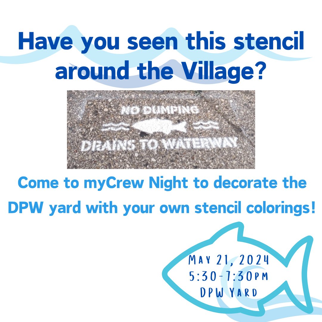 Show off your creative side at this year's myCrew Night. Transform 'No Dumping, Drains to Waterway' stencils into works of art all over the DPW yard! Join us on May 21, 2024 from 530-730pm at our Public Works Yard.