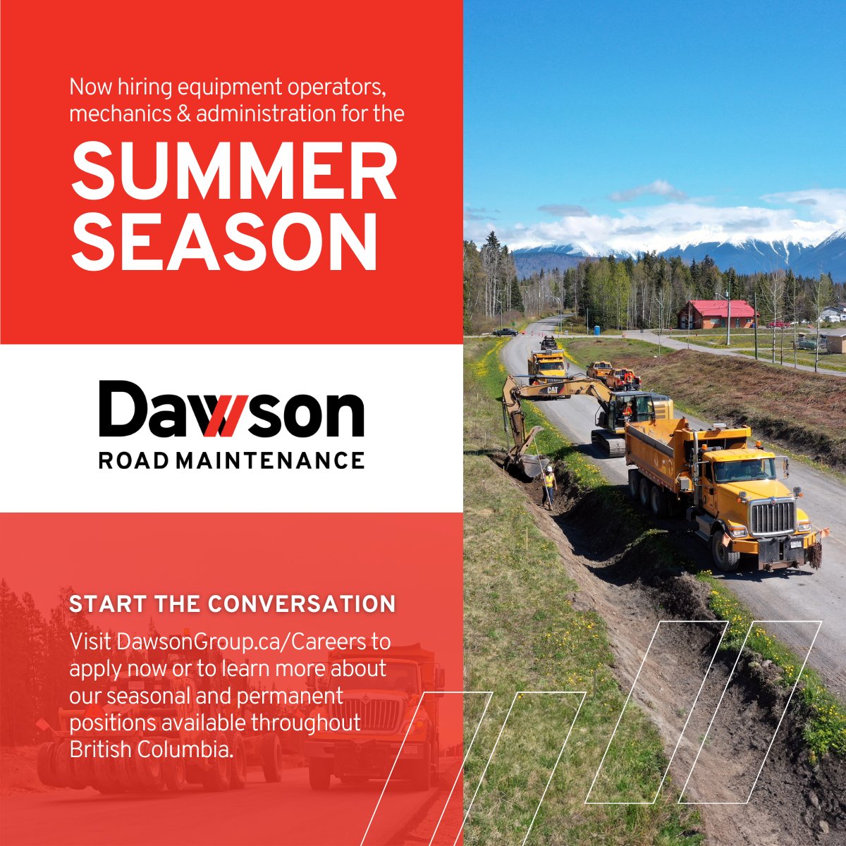 Construction season is right around the corner, and Dawson Road Maintenance is now hiring equipment operators, mechanics, and various administration/management roles. Visit DawsonGroup.ca/Careers to apply now. #DawsonCareers #CareerPlanning #WorkBC #BCjobs #Hiring #BC