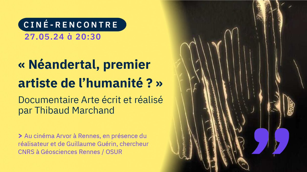 Le documentaire 'Néandertal, premier artiste de l’humanité ?' montre le travail des préhistoriens à l’origine de ces conclusions majeures. Le @CNRS et l’#OSUR s’associent avec le @Cinema_ARVOR à #Rennes pour un ciné-rencontre #archéologie #Préhistoire @CNRS_dr17 @GeosciencesR