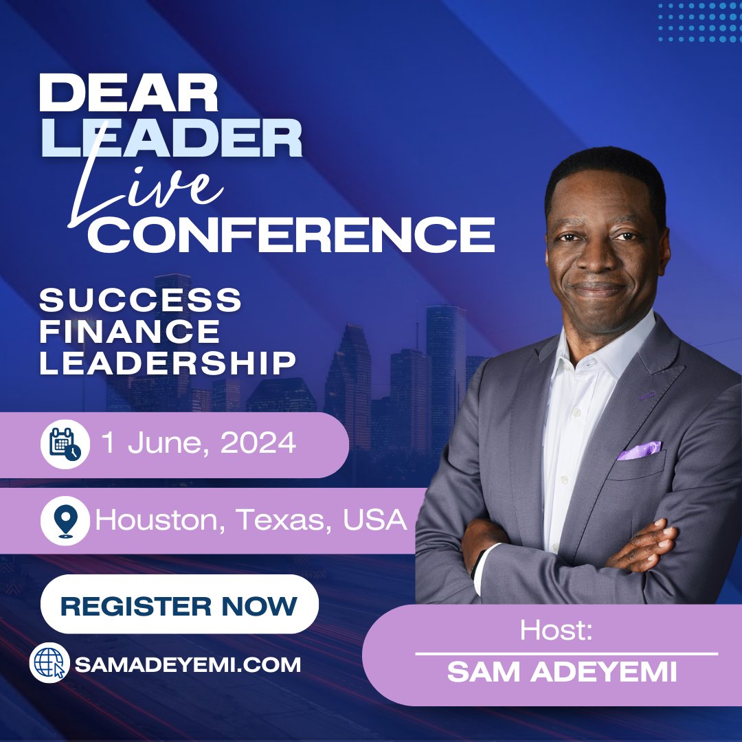 Hey Houston! Less than 33 days until the Dear Leader Live Conference in June. Hurry, the early bird rate is closing soon. Join us for this life-changing event and more. See you there! Link in bio now #dearleader #samadeyemi #leadership #finance #successmindset