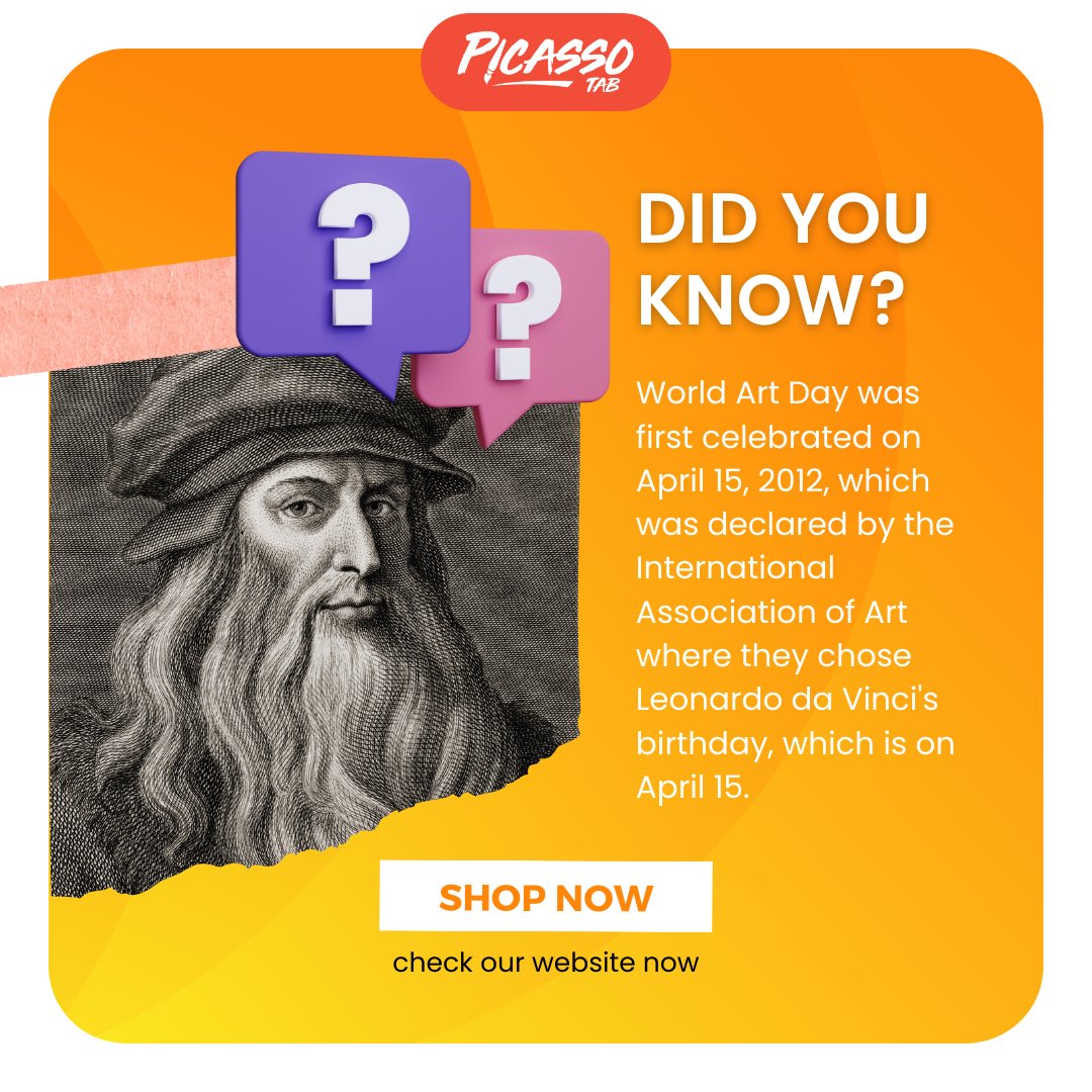 Expand your art knowledge with this fascinating fact! 🎨 Did you know that World Art Day was established on April 15, 2012, in honor of Leonardo da Vinci's birthday? 

Don't forget to use #picassotab for a feature!📸👀

simbans.com/products/picas…
.
.

#worldartday #picassotab