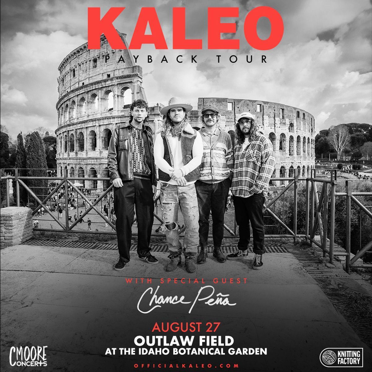 JUST ANNOUNCED: KALEO 'PAYBACK TOUR 2024' with Chance Peña at Outlaw Field at the Idaho Botanical Garden in Boise, ID on Tuesday, August 27, 2024. Tickets go on sale starting Friday, May 3, 2024 at 10:00 AM MDT Learn More & Get Tickets at extramilearena.com/kaleo