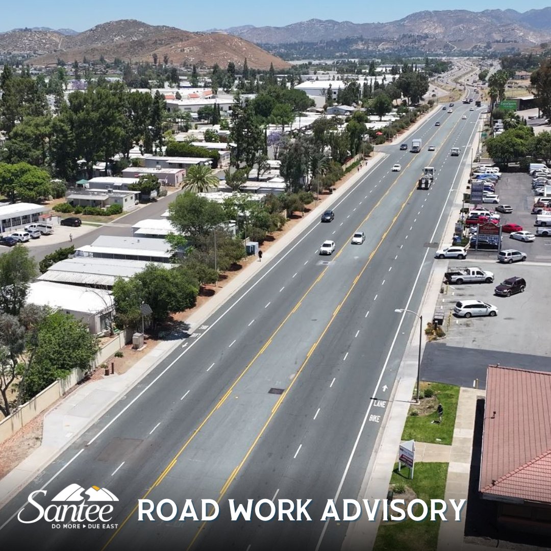 ROAD WORK ADVISORY: Asphalt patching is scheduled on Fanita Dr. from Prospect Ave. to southern City limits on May 1-3 from 8:30am-3:30pm. Asphalt patching is scheduled on Mission Gorge Rd. from Carlton Hills Blvd. to Olive Ln. on May 6-8. Work hours will be 8:30pm-6:00am.