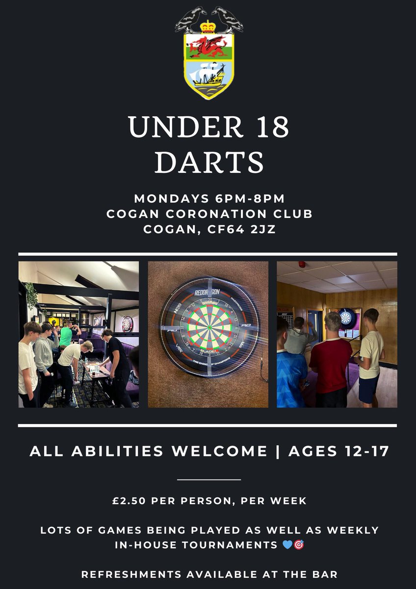 Monday means it’s Dart Night!! Our U18 Darts Club continues this evening: ⌚️| 6pm-8pm 📍| Cogan Coronation Club, CF64 2JZ 📆| Monday Evenings 💰| £2.50 a Session All abilities welcome 💙🎯