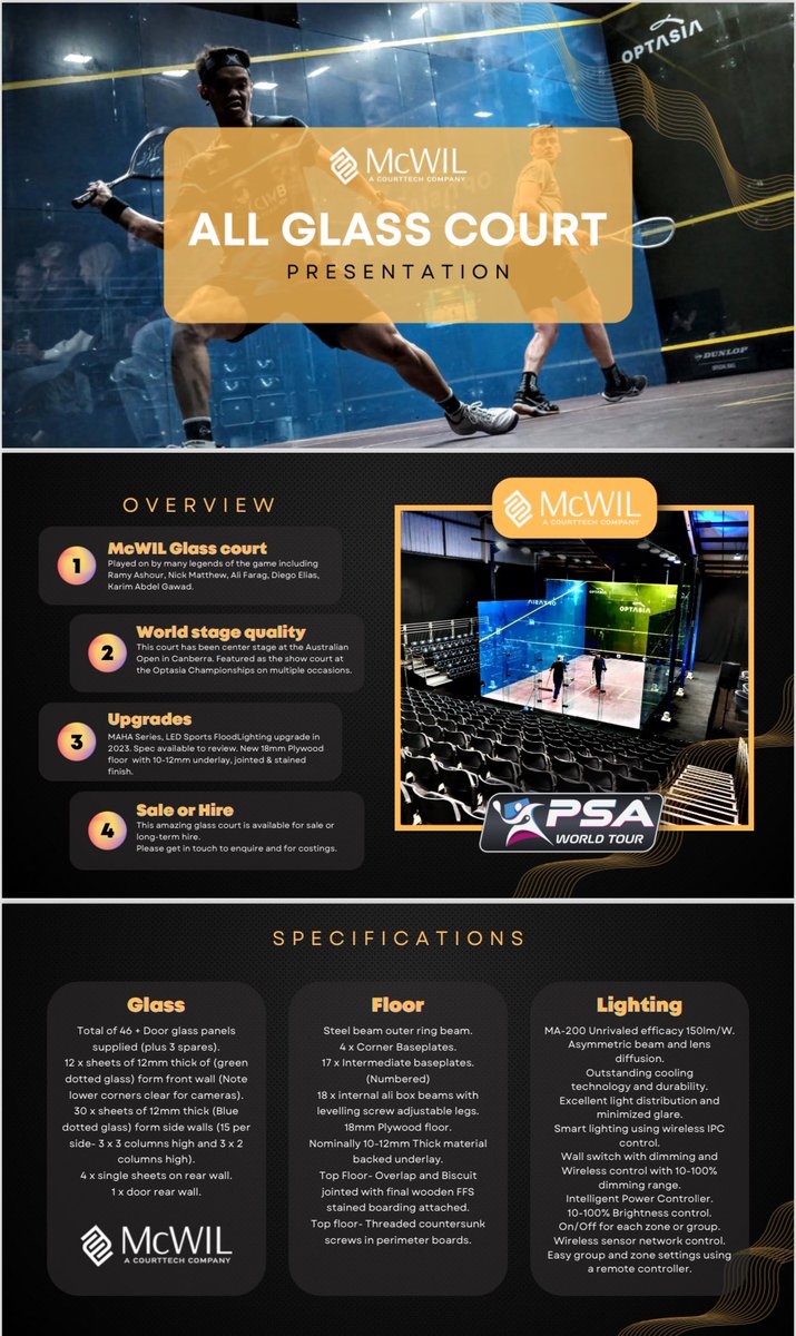 ‼️All Glass Court for Sale/Hire ‼️

- Previously used for the Australian Open and Optasia Championships 

- McWill show court with brand new lighting system.. 

- Drop me a DM for pricing and more info!
